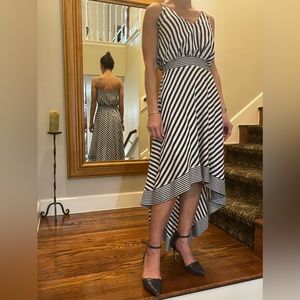 White and Navy Blue Striped Knee Length Dress